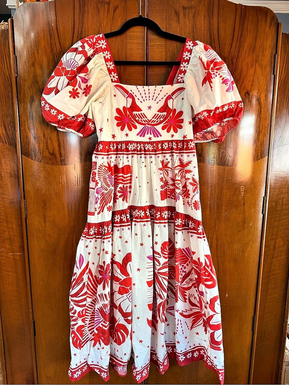 Farm Rio Toucans Scarf Cross Stitch Embroidered Midi Dress Red & White Small